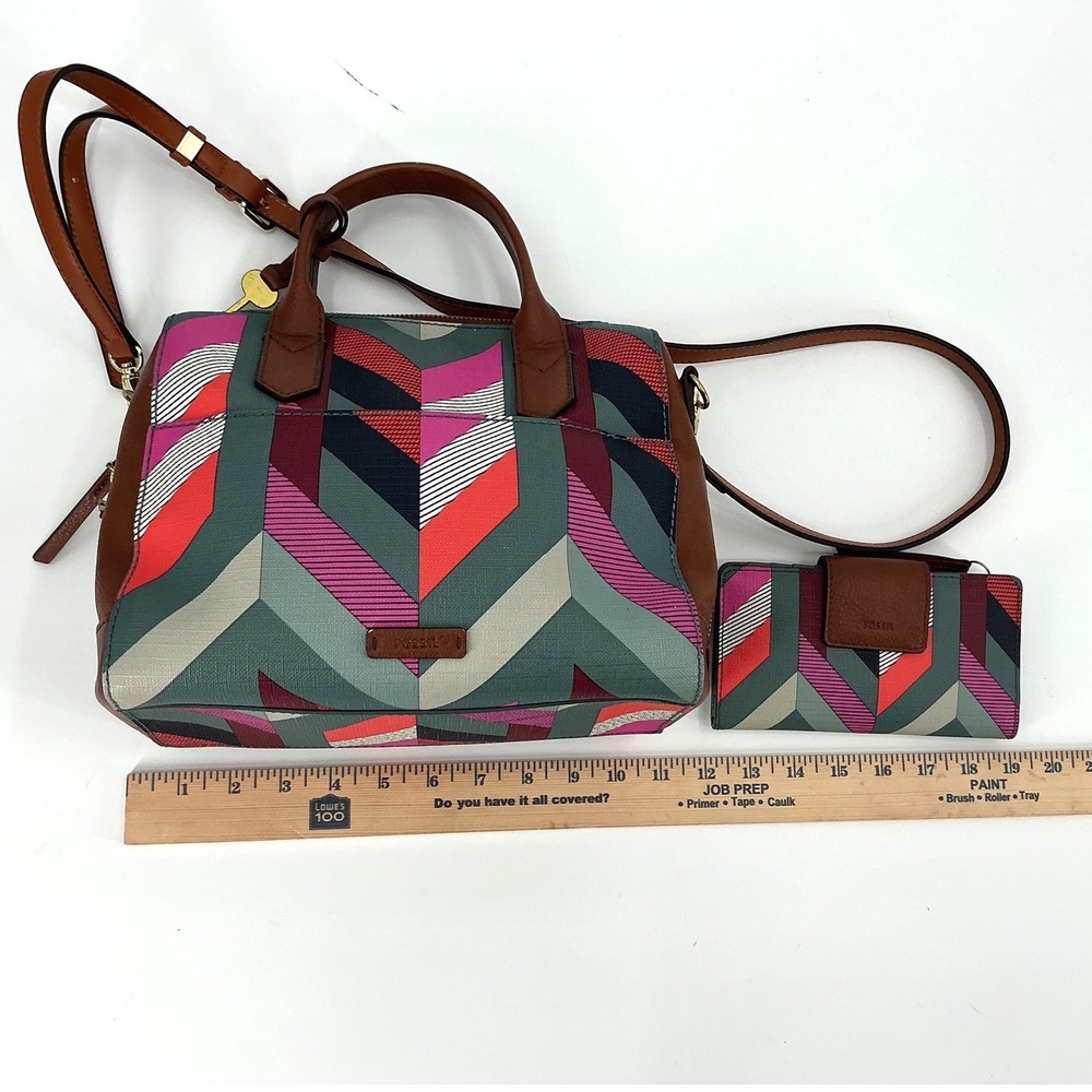 Fossil Geometric Print Satchel Crossbody Bag‎ and Wallet Set Brown Leather Trim - Picture 10 of 14